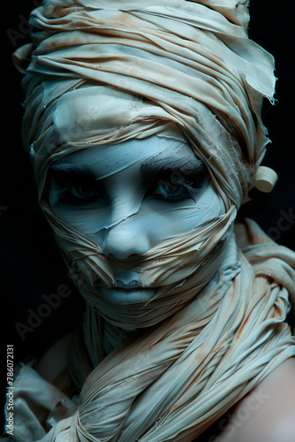 A beautiful female model dressed as a modern day mummy. Mardi Gras or carnival performer. Halloween