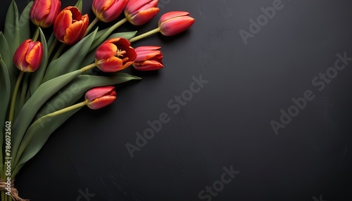 Red tulips on a black background. Place for text. Bouquet