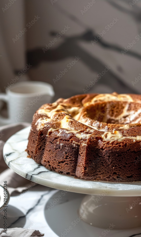 Marble chocolate cake with slices on a white plate, cocoa dusted. Marble chocolate cake with slices on a white plate, cocoa dusted.