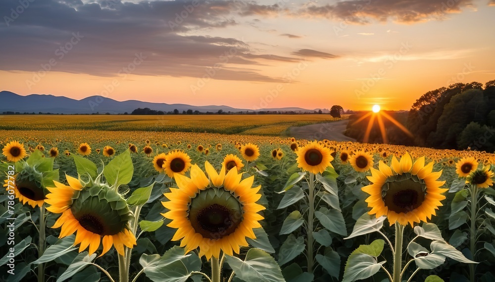 Sunflowers in full bloom at sunset