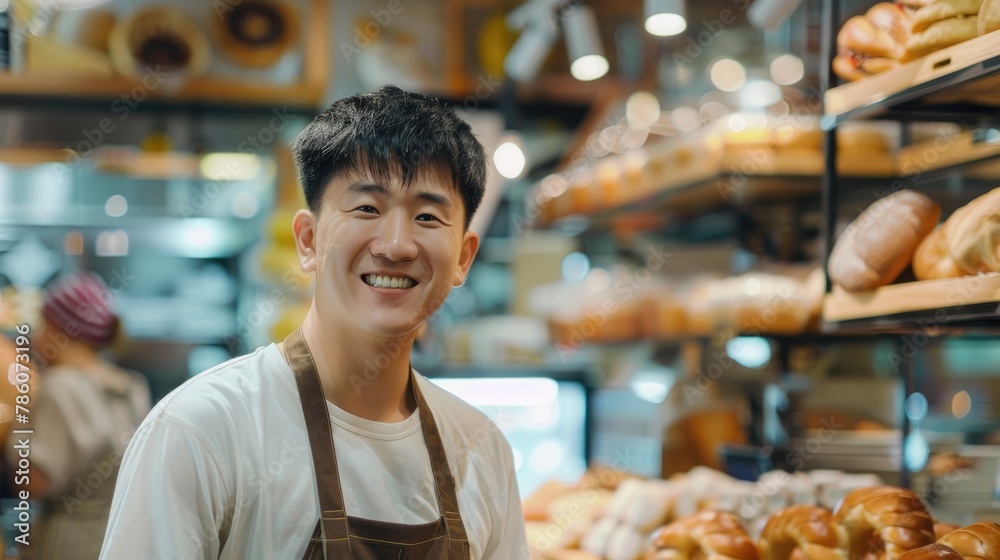 Asian Korean man working in a bakery shop smiling Concept of occupation with available space for text
