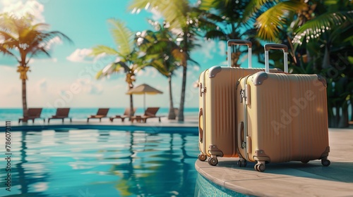 Two suitcases by the pool with palm trees. AI. © Tatsiana ST