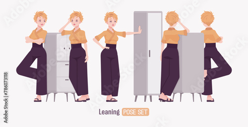 Attractive young woman wearing kimono set, furniture lean pose. Office girl in wrap blouse, high waist wide leg pants, sushi restaurant work wear, Japanese style waiter overall. Vector illustration