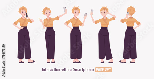 Attractive young woman wearing kimono set, smartphone user pose. Office girl in wrap blouse, high waist wide leg pants, sushi restaurant work wear, Japanese style waiter overall. Vector illustration