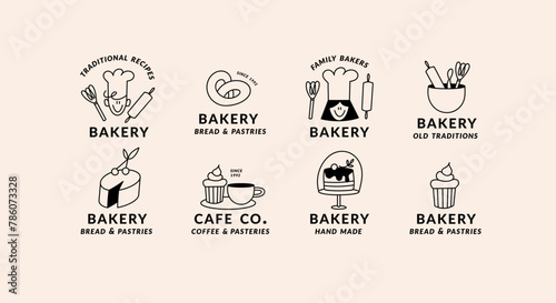 Vector set of templates linear logos for bakery, cafe, cupcake shop, pastries. Emblem with bakery objects