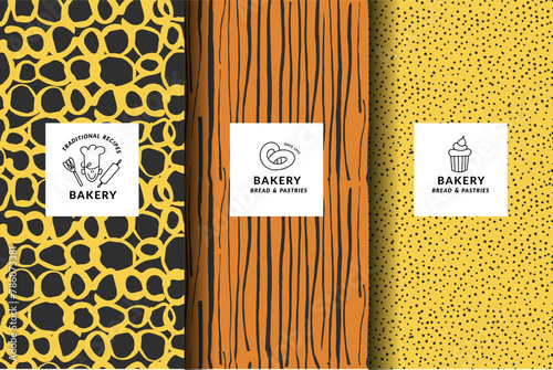 Vector set of design templates and backgrounds for bakery packaging in trendy sketch linear style. Hand drawn doodles elements with design label