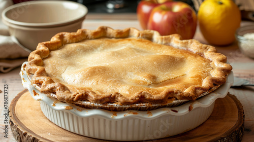 Golden apple pie on a kitchen table with soft lighting.