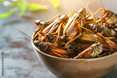 A bowl full of crickets - concept of eating insects as a modern source of food protein photo