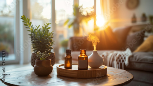 Bottles of aromatherapy essential oil and diffuser dispersing scent in a cozy home on a sunny summer morning photo
