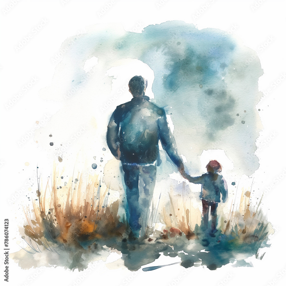 Fototapeta premium Watercolor Painting of Father and Child for Father's Day Banner, Poster or Card