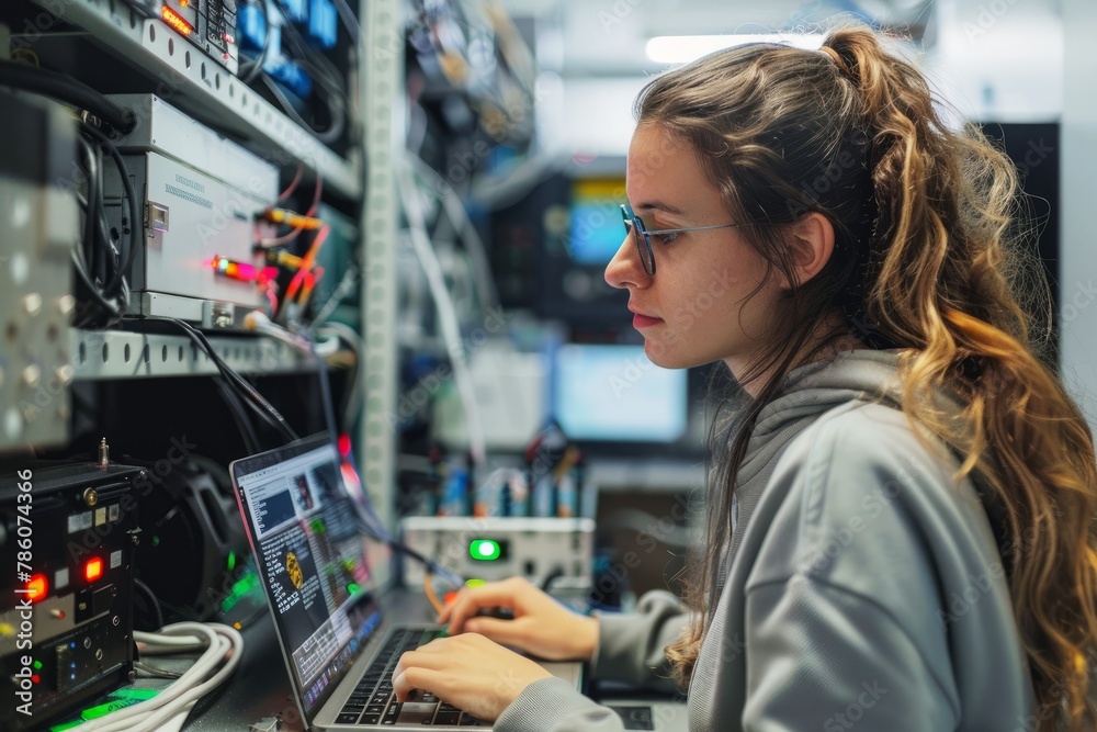 Female Technician Analyzing Fiber Optic Signals at Tech Startup Female Technician Analyzing Fiber Optic Signals at Tech Startup