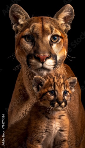 Male puma and cub portrait with object, providing substantial empty space ideal for adding text