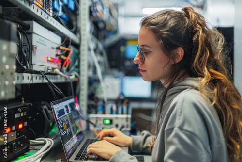 Female Technician Analyzing Fiber Optic Signals at Tech Startup