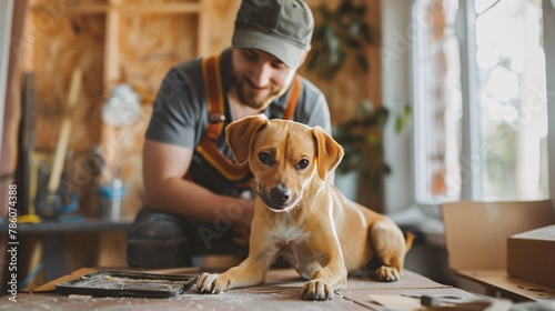 A male renovating his residence alongside his petite golden canine. photo
