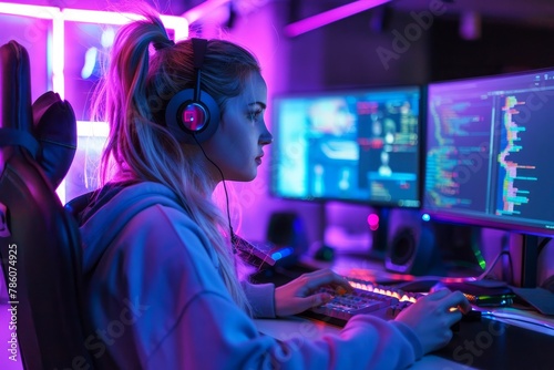 Determined Female Hacker, Dual Monitors, Neon Lighting