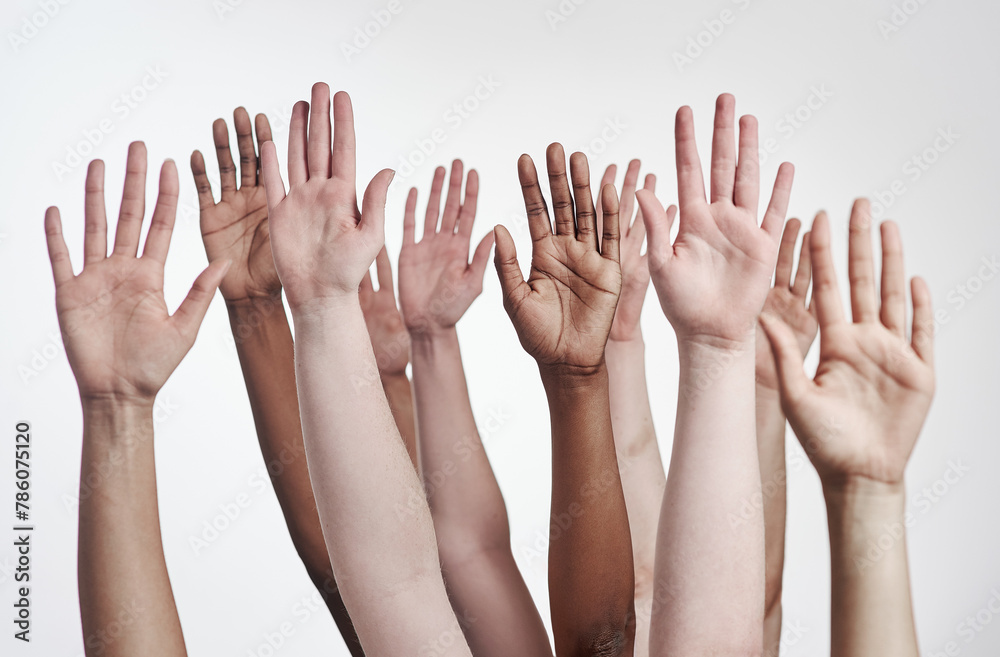 Group, people and hands in studio with vote for human rights, gender equality or members with support. Collaboration, community or campaign for abortion laws or protest for change on white background - obrazy, fototapety, plakaty 
