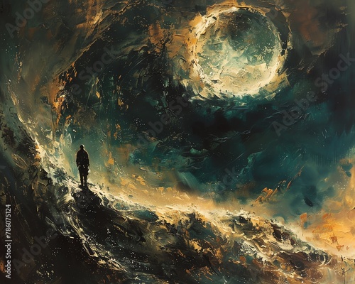 Craft an oil painting illustrating the journey of mining for gold leading to the moon from a low-angle view Show the determination of the miner against the vastness of the lunar sky, playing with warm