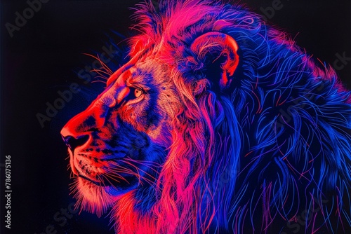 Neondetailed blacklight painting of a lion in a stance of determination, stark contrasts enhancing its powerful demeanor photo