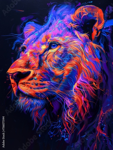 Dramatic blacklight painting featuring a lion, its features cast in bold, glowing hues, embodying sheer determination