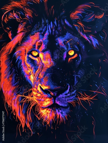 Blacklight artwork of a lion, face illuminated with determination, glowing colors portraying its raw power and focus