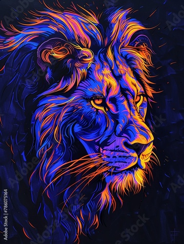 Blacklight art of a determined lion, vivid and stark, with glowing lines tracing its majestic and focused expression