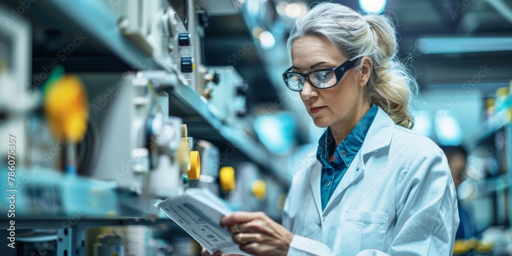Engineer reviewing documents in industrial setting Engineer reviewing documents in industrial setting