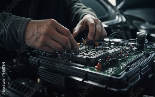 Auto mechanic repairing a car engine. Close-up of male hands.