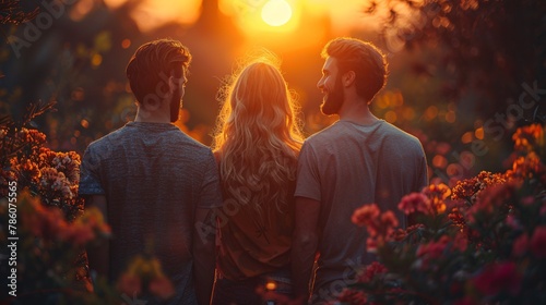 Polyamorous relationship where a girl and two guys openly and willingly love and bond with each other. photo