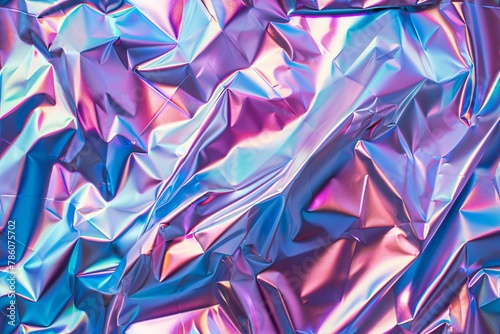 Sleek silver holographic crinkled chrome foil vaporwave backdrop with a trendy pearly rainbow prism design, reminiscent of 80s cyberpunk or webpunk, in a retro abstract 3D illustration.