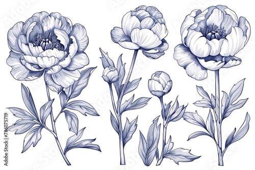 Fototapeta Naklejka Na Ścianę i Meble -  A collection of high-end peony blooms and emblem, stylish plant features, hand-drawn foliage and flourishing. Sophisticated natural elements 
