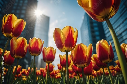 beautiful spring tulips, tulips flower, tulips flower in blue sky background #786075914