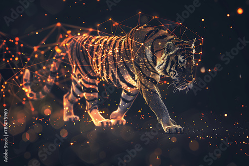 A tiger representation formed by an interconnected arrangement of glowing dots and lines. photo