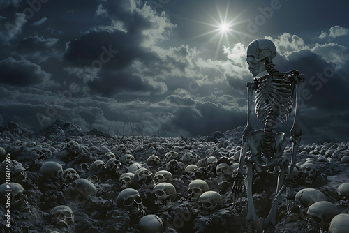 Amidst a desolate expanse filled with skulls, a skeleton gazes towards the sky. photo
