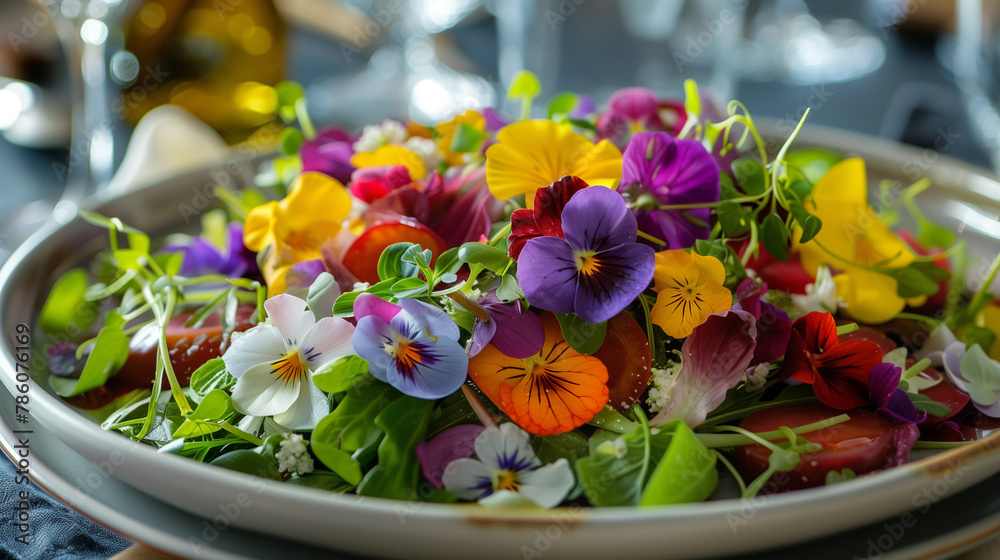 Salad with edible flowers and microgreens