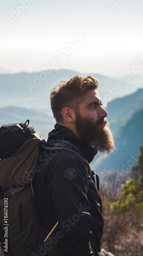 Bearded man on a mountain hike