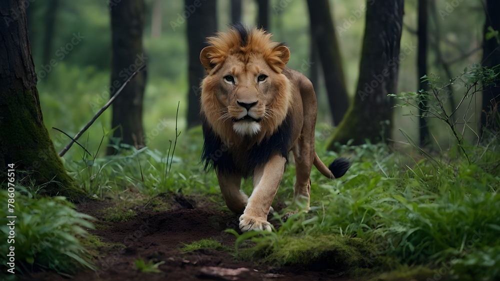 Naklejka premium A Lion's Hunt Through the Verdant Forest, The Lion and Rabbit's Forest Encounter, A Tense Drama in the Forest, The Lion's Pursuit of a Rabbit in the Lush Wilderness, The Lion's Quest for the Elusive