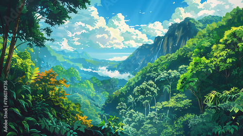 landscape with mountains, lofi style, japan, art, japan art 