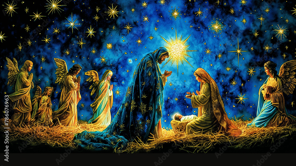 Fototapeta premium The Nativity Scene: A humble stable bathed in the soft glow of starlight serves as the backdrop for the miraculous birth of Jesus. Mary and Joseph gaze lovingly upon the newborn ba