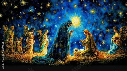 The Nativity Scene: A humble stable bathed in the soft glow of starlight serves as the backdrop for the miraculous birth of Jesus. Mary and Joseph gaze lovingly upon the newborn ba photo