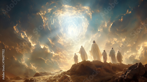 The Transfiguration: Upon a mountaintop shrouded in ethereal light, Jesus is transfigured before his disciples, his face radiant as the sun and his garments as white as snow. Moses photo