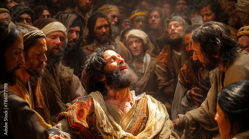 The Healing of the Paralytic: Amidst a bustling crowd gathered in anticipation, Jesus extends a healing touch to a paralyzed man, commanding him to rise and walk in the power of di © Наталья Евтехова