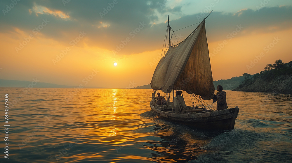 The Call of the Disciples: Along the shores of the Sea of Galilee, Jesus extends a simple yet profound invitation to a group of fishermen, calling them to leave behind their nets a