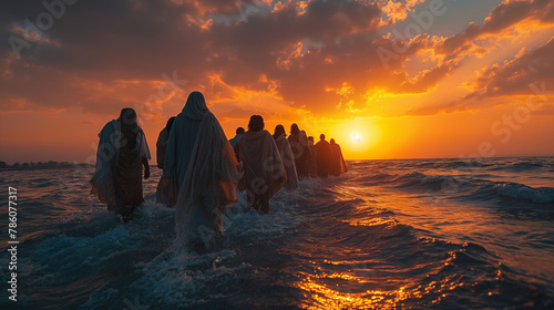 The Commissioning of the Disciples: Against the backdrop of a radiant sunrise, Jesus imparts his final words of instruction and blessing to his faithful followers, commissioning th