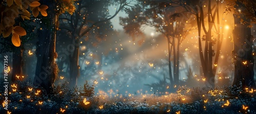 A serene forest illuminated by glowing fireflies dancing in the air.