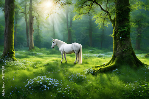 A tranquil forest glade with a unicorn gazing peacefully.