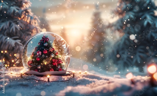  A festive Christmas tree covered in snow inside a snow globe, illuminated by twinkling lights.