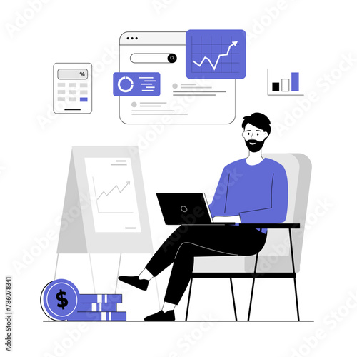 Search engine optimization SEO budget. Calculation of costs for website promotion. Analysis graphics and charts. Vector illustration with line people for web design.