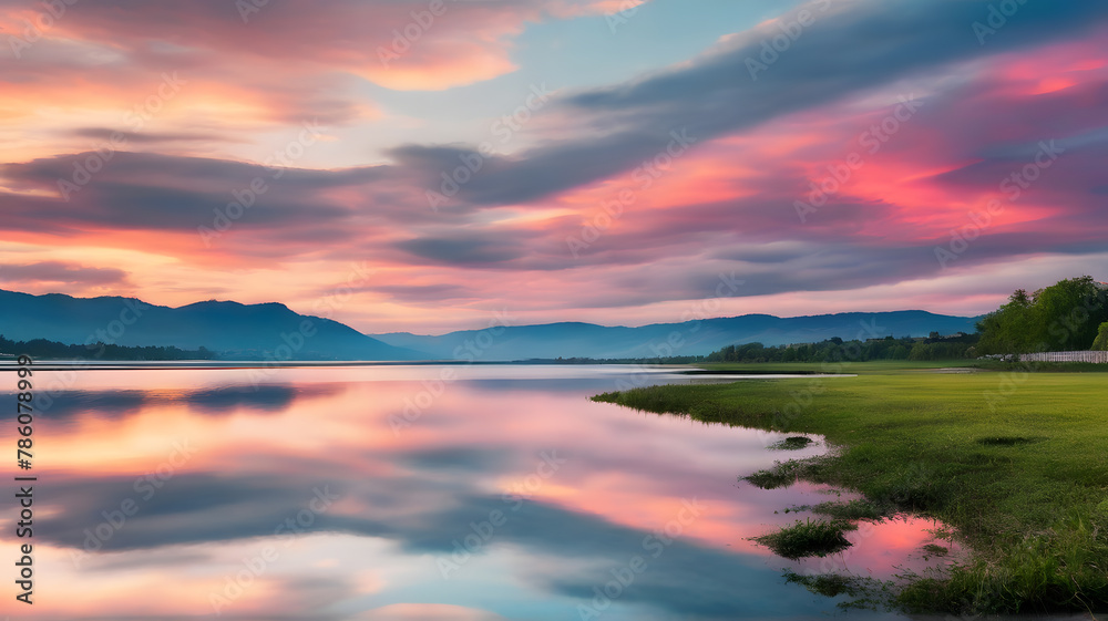 The vibrant colors of the clouds reflecting in the lake, creating a charming lakeside scenery.