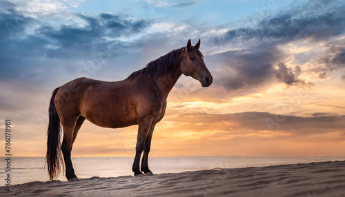 Brown Horse Standing on Sandy Beach. Generative AI © SolaruS
