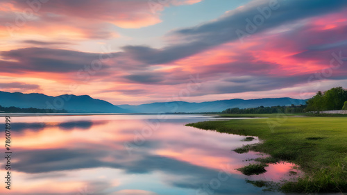 The vibrant colors of the clouds reflecting in the lake, creating a charming lakeside scenery.